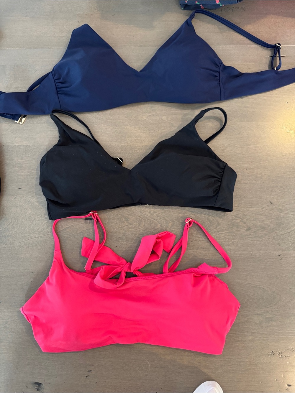 Quince Bikini Tops Trio in Navy, Black, and Hot Pink